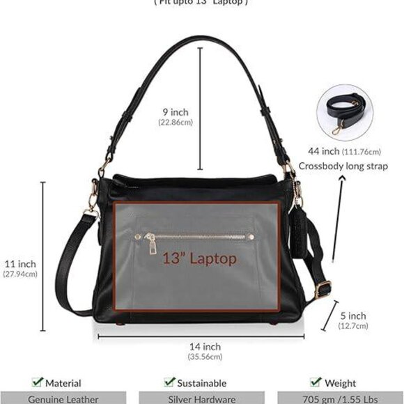 Laverapelle Women's Aster Genuine Leather Crossbody Hobo Style Handbag, Black/Si - Picture 2 of 4